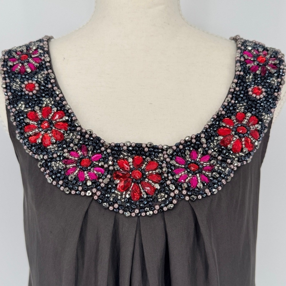 Yoana Baraschi Silk Floral‎ Babydoll Tank Top S Grey Beaded Y2K Luxury Designer